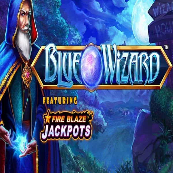 Blue Wizard Fire Blaze Jackpots slot logo by Rarestone Gaming at Hollywin Casino